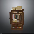 Open Wooden Wardrobe With Hanging Clothes Drawers And Cardboard Boxes On Top