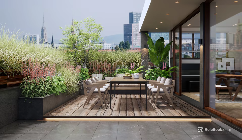 Urban Roof Garden With Wooden Deck Outdoor Dining Table And Lush Greenery 3d model 