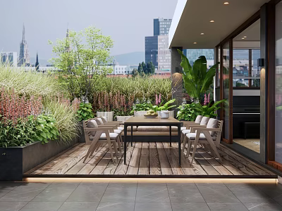 Urban Roof Garden With Wooden Deck Outdoor Dining Table And Lush Greenery 3d model