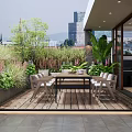 Urban Roof Garden With Wooden Deck Outdoor Dining Table And Lush Greenery