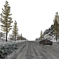 Gorgeous Winter Snow Landscape With Frosted Pine Trees And Car Driving On Icy Mountain Road
