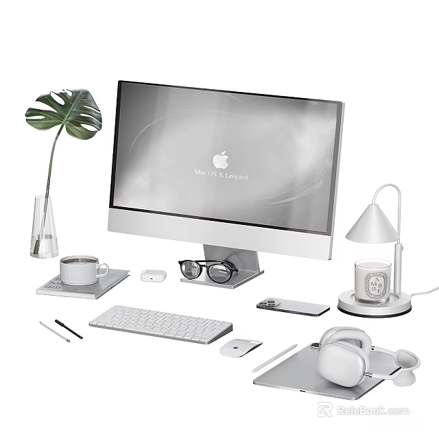 Stylish Decorative Ornament Set For Desk Workspace With Greenery Vase Coffee Cup Lamp And Headphones 3d model 