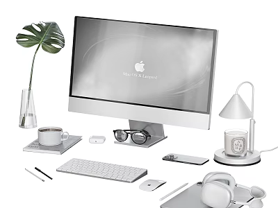 Stylish Decorative Ornament Set For Desk Workspace With Greenery Vase Coffee Cup Lamp And Headphones 3d model