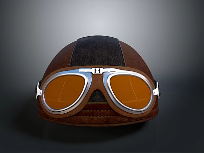 Weapon Themed Brown Leather Helmet With Silver Frame Orange Lens Goggles 3d model