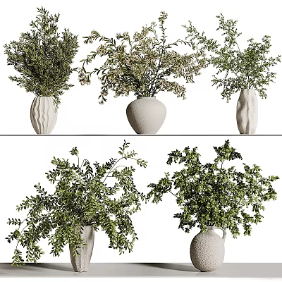 Stylish Potted Bonsai Plants With Unique Shaped White Ceramic Pots And Lush Green Leaves 3d model
