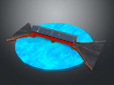 Red Covered Bridge Structure With Approach Ramps And Blue Water Surface 3d model