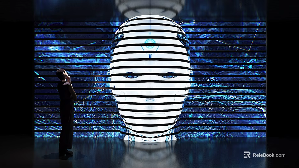 Person Standing Before Large Striped Illuminated Face With Tech Inspired Background Lines 3d model 