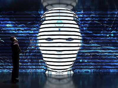 Person Standing Before Large Striped Illuminated Face With Tech Inspired Background Lines 3d model