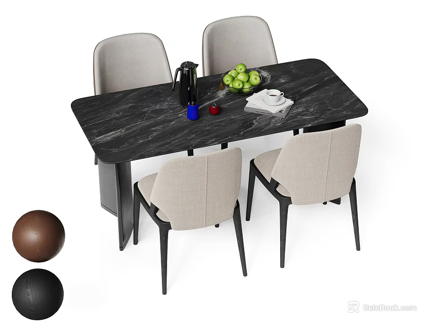 Rectangular Black Marble Dining Table Set With Light Gray Chairs And Black Legs 3d model