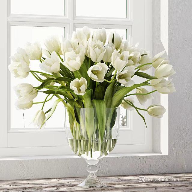 White Tulips Arrangement in Transparent Glass Vase on Window Sill with Green Leaves 3d model 
