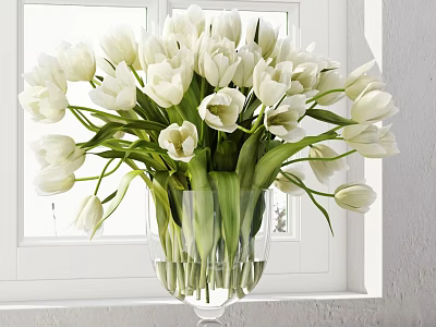 White Tulips Arrangement in Transparent Glass Vase on Window Sill with Green Leaves 3d model