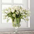 White Tulips Arrangement in Transparent Glass Vase on Window Sill with Green Leaves