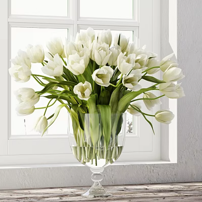 White Tulips Arrangement in Transparent Glass Vase on Window Sill with Green Leaves 3d model