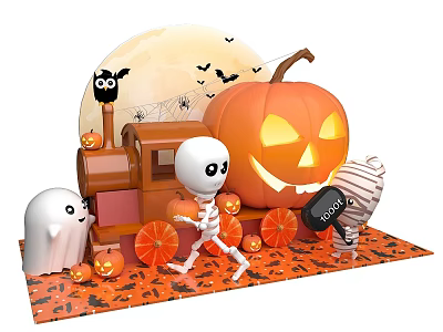 Halloween Decorative Scene With Jack O Lantern Skeleton Ghost Mummy Moon And Spider Web 3d model