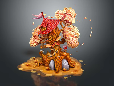 Cartoon Scene Featuring Tree House With Red Roof Pink Flowers Falling Petals And Stone Base 3d model