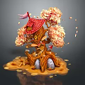 Cartoon Scene Featuring Tree House With Red Roof Pink Flowers Falling Petals And Stone Base