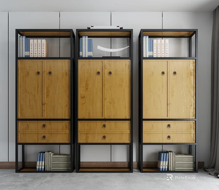 Modern Wooden Wardrobe With Black Metal Frame Doors Drawers Shelves Books And Folded Clothes 3d model 