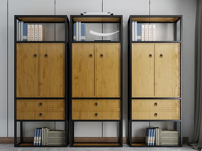 Modern Wooden Wardrobe With Black Metal Frame Doors Drawers Shelves Books And Folded Clothes 3d model