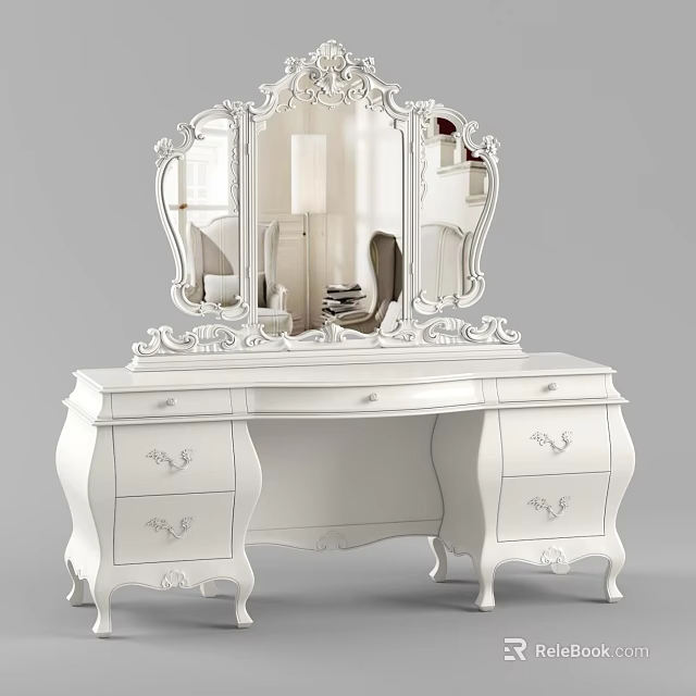 White Carved Dressing Table With Tri Fold Mirror And Decorative Drawers 3d model