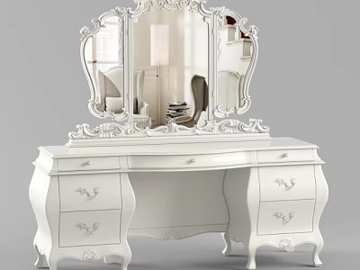 White Carved Dressing Table With Tri Fold Mirror And Decorative Drawers 3d model