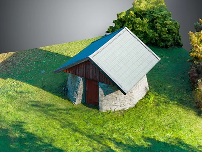 Small Stone And Wooden Building With Sloped Roof On Green Grass Surrounded By Trees 3d model