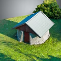 Small Stone And Wooden Building With Sloped Roof On Green Grass Surrounded By Trees