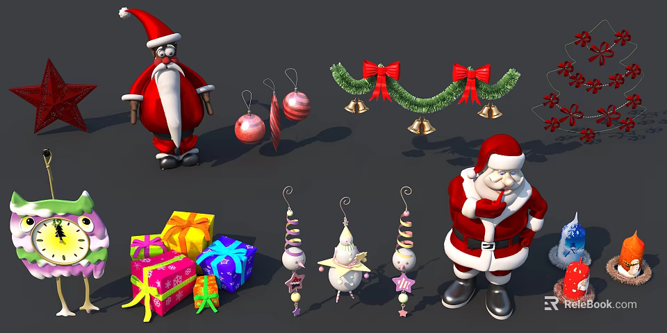 Festive Christmas Decorative Ornament Set with Santa Claus Figures Gift Boxes Balls Bells and Wreath 3d model 