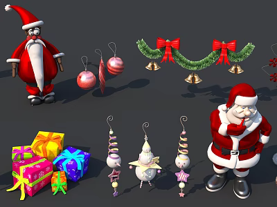 Festive Christmas Decorative Ornament Set with Santa Claus Figures Gift Boxes Balls Bells and Wreath 3d model