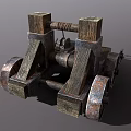 Ancient Functional War Cart With Wooden Wheels Metal Structure And Launch Mechanism