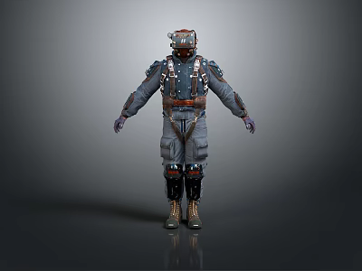 Detailed Game Movie Character 3D Model Wearing Futuristic Helmet And Dark Protective Suit With Backpack 3d model