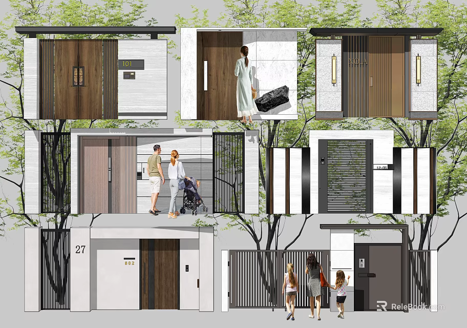 Modern Building Facade Design With Wooden Entrance Doors White Walls And Green Trees 3d model 