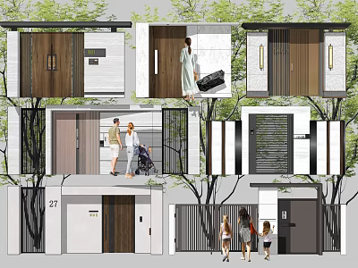 Modern Building Facade Design With Wooden Entrance Doors White Walls And Green Trees 3d model