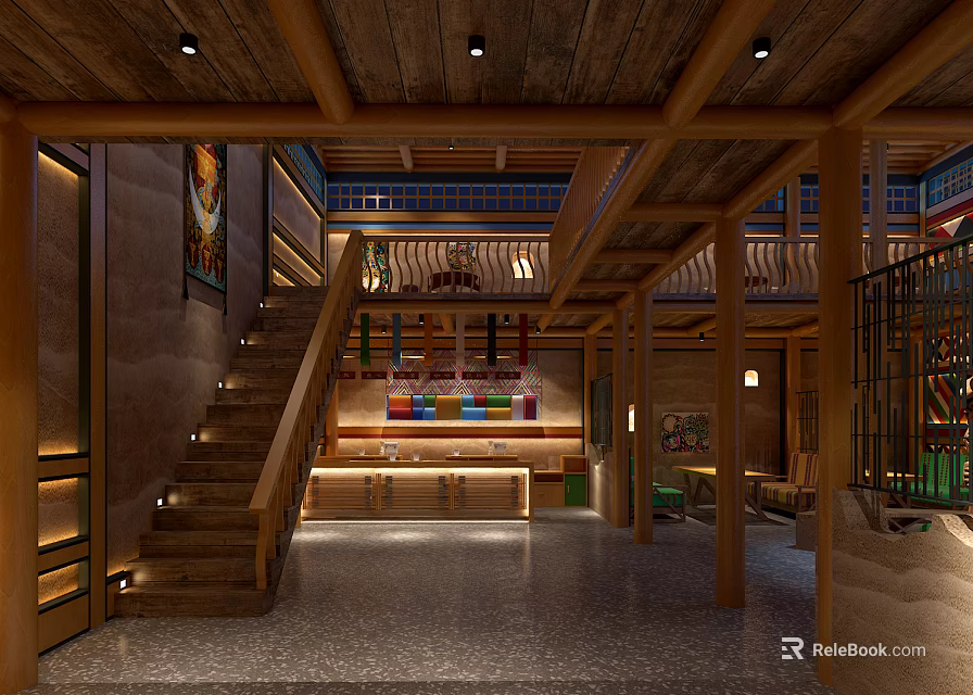 Rustic Bar Interior Design With Wooden Ceiling Staircase And Bar Counter 3d model