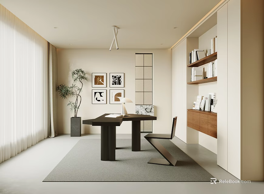 Modern Minimalist Study Room Interior With Desk Chair Bookshelf Green Plant And Wall Art 3d model 