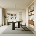 Modern Minimalist Study Room Interior With Desk Chair Bookshelf Green Plant And Wall Art