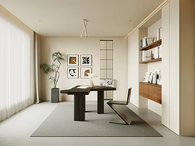 Modern Minimalist Study Room Interior With Desk Chair Bookshelf Green Plant And Wall Art 3d model
