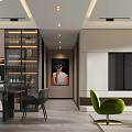Modern Living Dining Room Interior With Sofa Coffee Table Green Chair Mirror And Floor Lamp