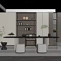Elegant Modern Tea Room Interior With Wooden Tea Table Cushioned Stools And Shelves