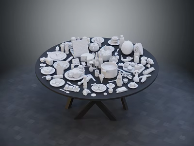 White Tableware Set Displayed On Round Table With Plates Cups Bowls And Utensils 3d model