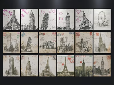 Hand Drawn Landscape Paintings Of Famous Landmarks With Vintage Paper Texture 3d model