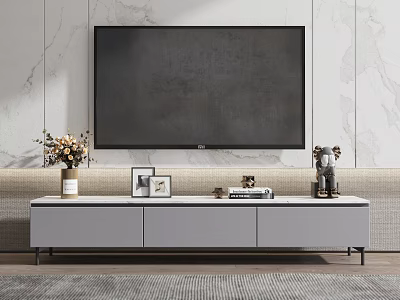 Modern TV Stand with Marble Top Photo Frames Vase Flowers Books Sculpture Against Marble Wall 3d model