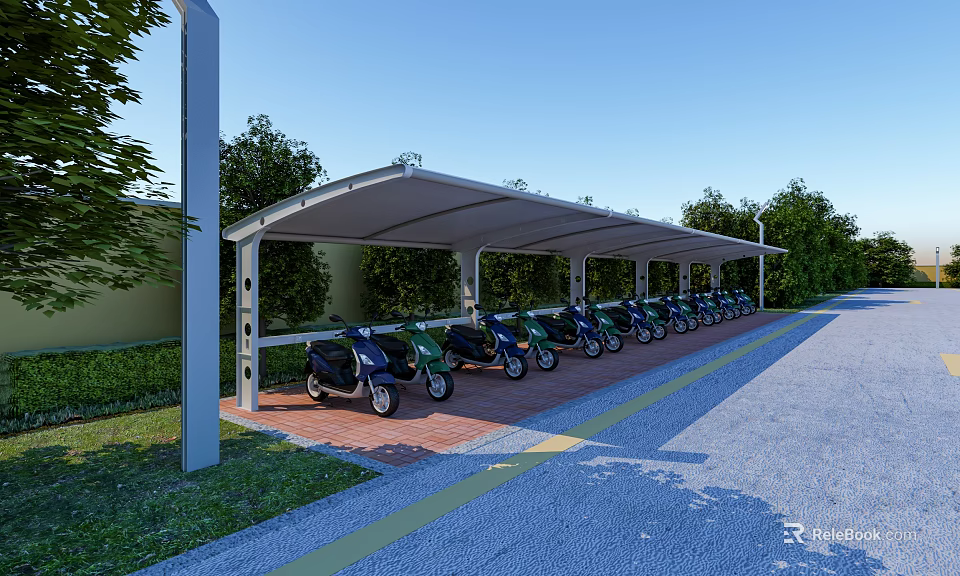 Covered Parking Lot With Motorcycles Red Brick Flooring And Green Trees Surroundings 3d model 