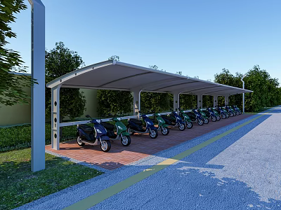 Covered Parking Lot With Motorcycles Red Brick Flooring And Green Trees Surroundings 3d model