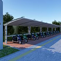 Covered Parking Lot With Motorcycles Red Brick Flooring And Green Trees Surroundings