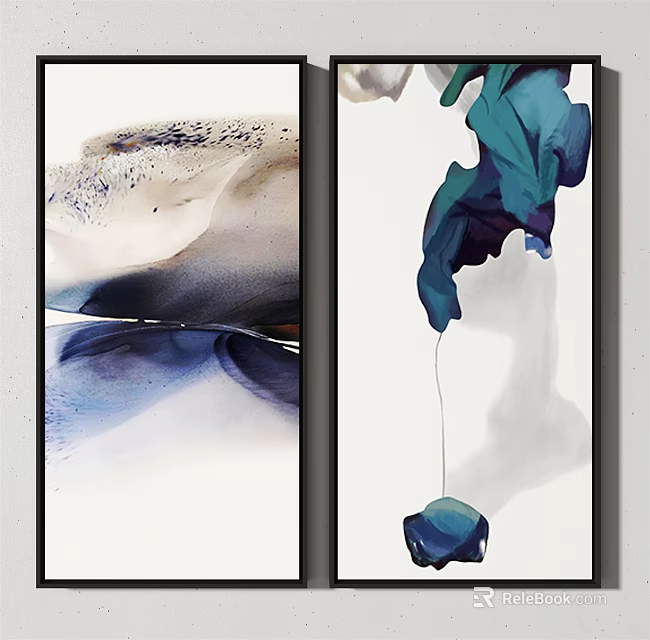 Modern Abstract Wall Art With Blue Green Black White Fluid Shapes And Pendant 3d model 
