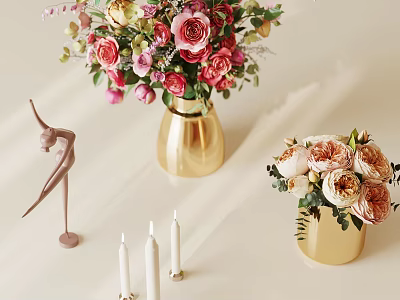 Elegant Floral Bouquets in Gold Vases with Ballerina Figurine and White Candles 3d model