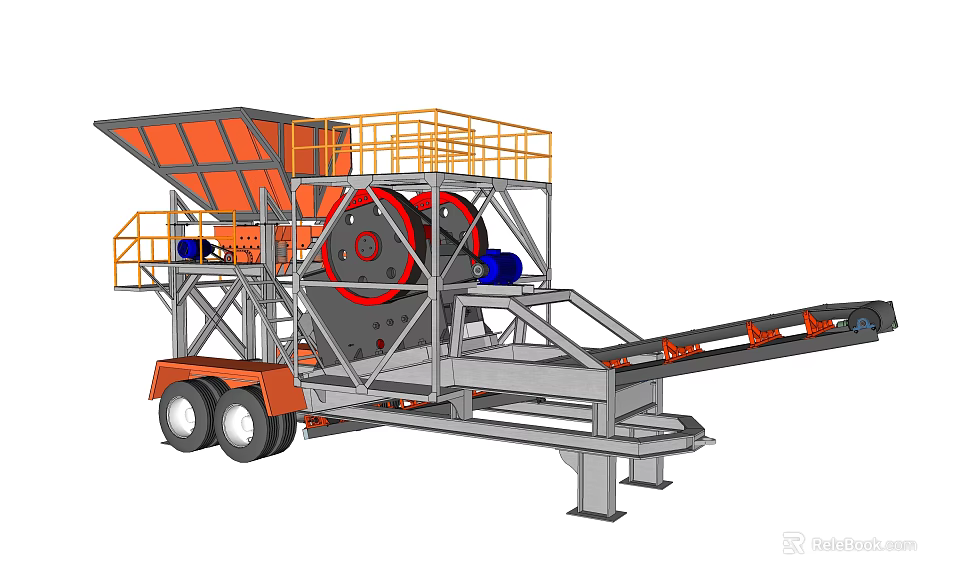Mobile Industrial Crushing Equipment With Hopper Guardrail Drum Conveyor And Trailer Chassis 3d model 