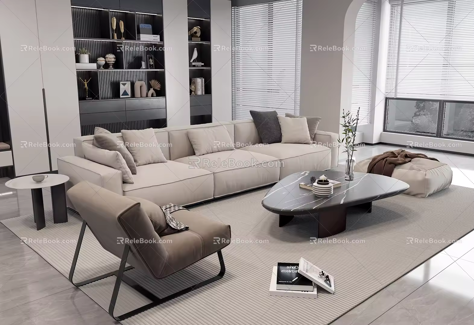 Combination Sofa Fabric Multi-Person Sofa Fabric Three-Person Sofa Lazy Sofa Chair Marble Coffee Table Side Table Solid Wood Background Decorative Cabinet Jewelry Ornaments Pillow 3d model