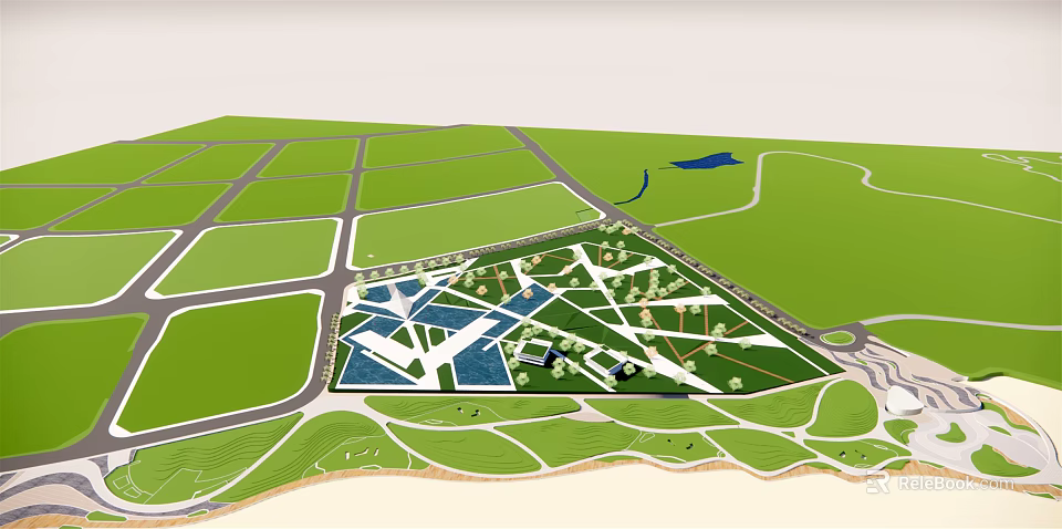 Park Landscape Design With Green Lawns Pathway Layout And Water Features 3d model