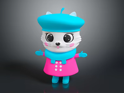 Cute White Cat Game Movie Character With Blue Beret Scarf Pink Coat And Big Eyes 3d model